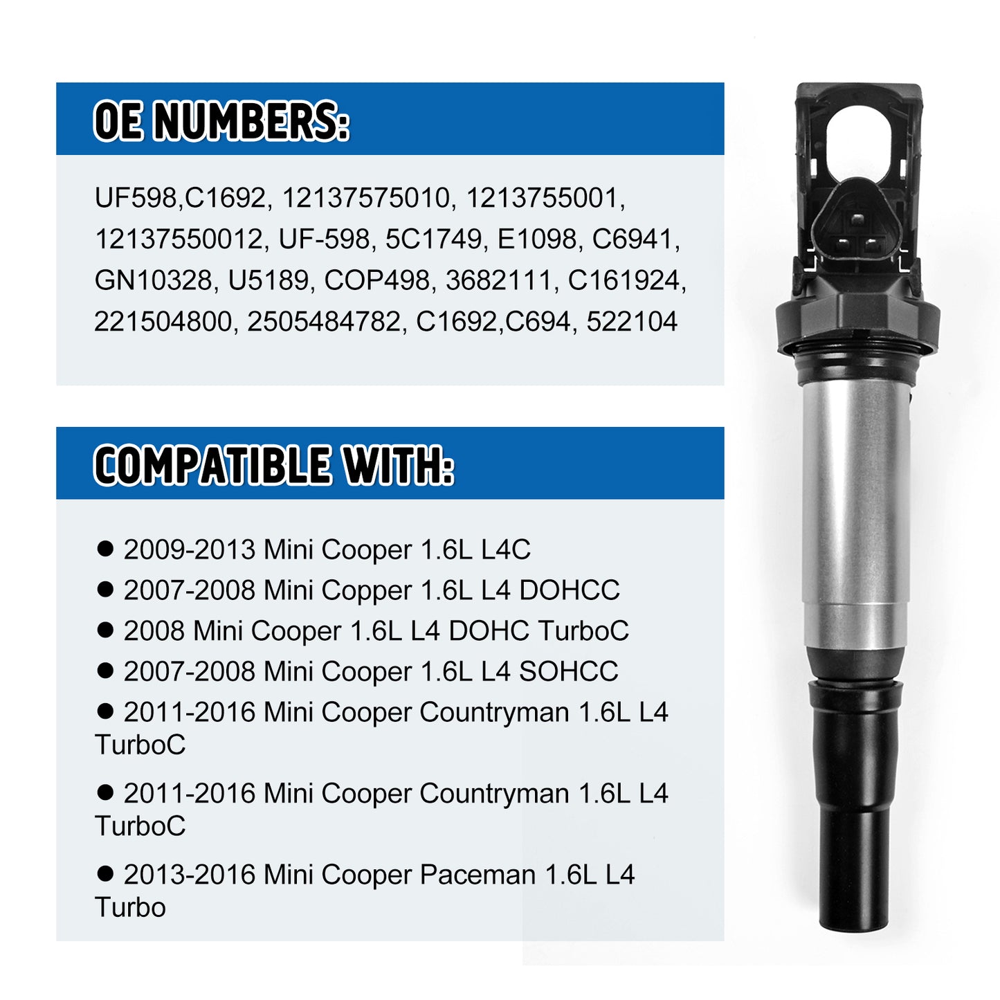 UF598 Ignition Coil Packs Set of 4 Compatible with Mini Cooper 2007-2013 Cooper Countryman 2011-2016 Cooper Paceman 2013-2016 L4 1.6L Replacement for 12137575010 UF-598 C1692