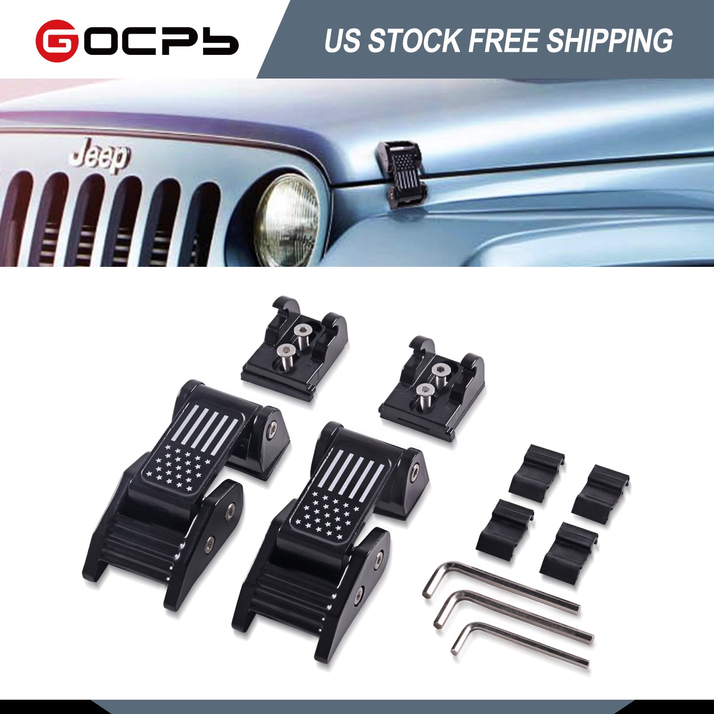 GOCPB Aluminum Hood Latches with U.S. Flag, Adjustable Hood Latches Lock Catch Compatible with 2007-2018 Jeep Wrangler JK JKU Rubicon Sahara Sport 2018 2019 2020 2021 Rubicon Sahara Sport JL JLU