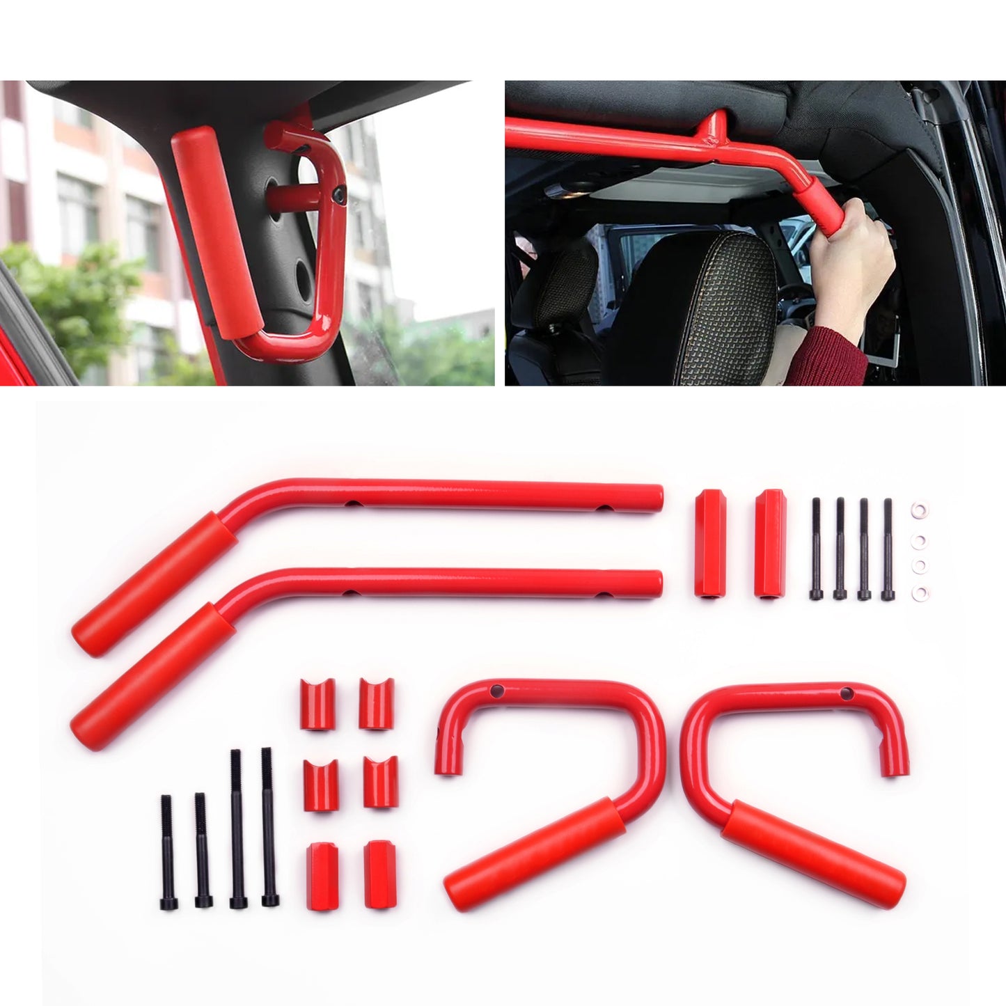 Front Rear Steel Grip Handles Grab Handle Bar Hand Mount Compatible with 2007-2018 J eep Wrangler JK Red