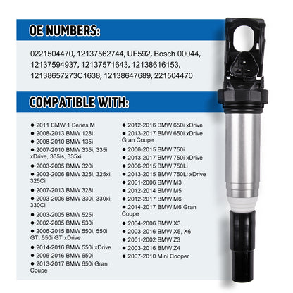 UF667 Ignition Coil Pack Set of 6 for 2001-2017 BMW 3-Series 325i 328i 335i N52 N54 M3 M5 S65 S63 X5 X6 2.5L 3.0L 4.4L 6.0L N55 OE Replacement 12137571643 High Performance Coil Packs UF522 UF570
