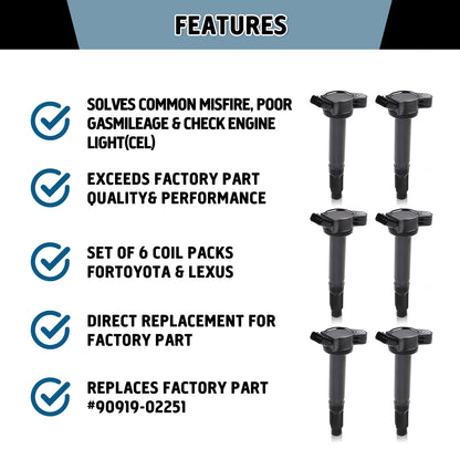 Ignition Coil Set of 6 Compatible with 2005-2016 Toyota Lexus Scion Vehicles 2.7L 3.5L V6 Ignition Coil Pack Fits Camry V6 Avalon Sienna Rav4 and more 90919-A2005 90919-A2007 673-1309