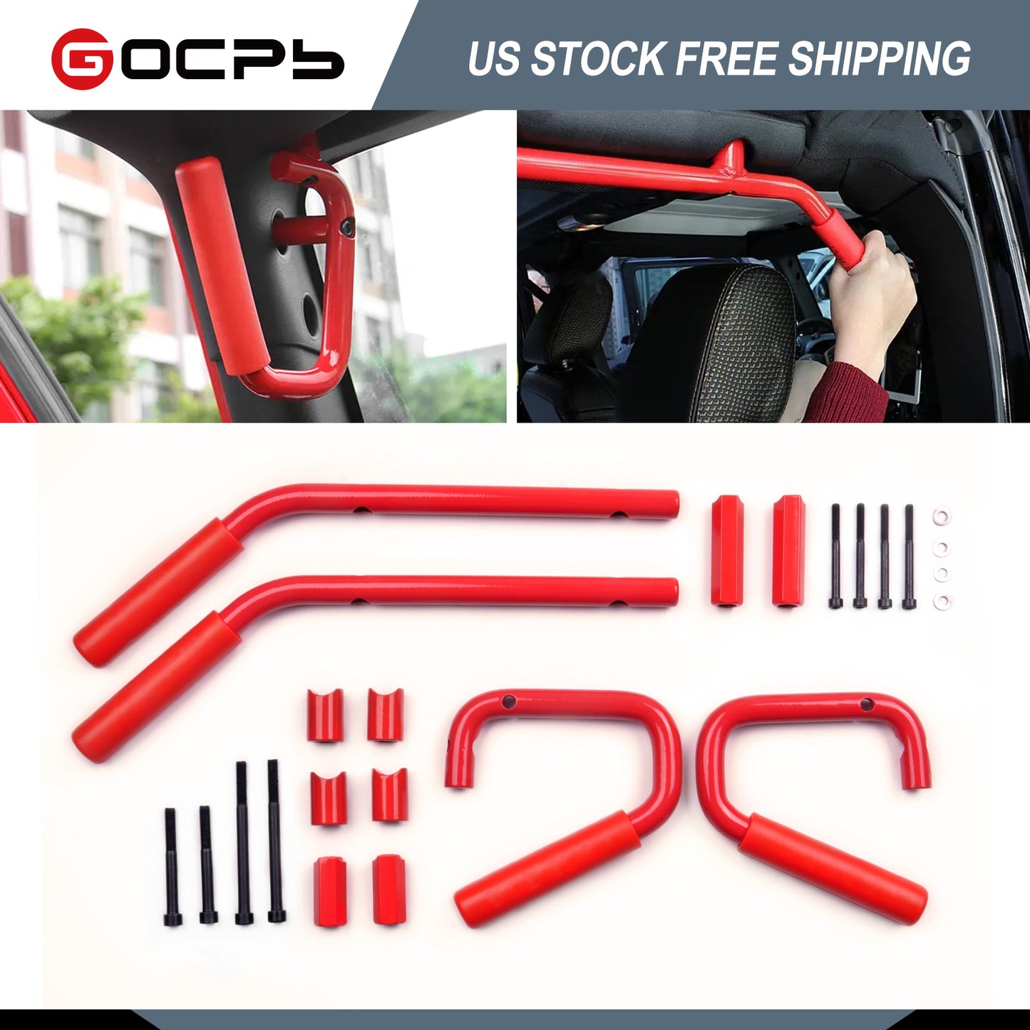 Front Rear Steel Grip Handles Grab Handle Bar Hand Mount Compatible with 2007-2018 J eep Wrangler JK Red